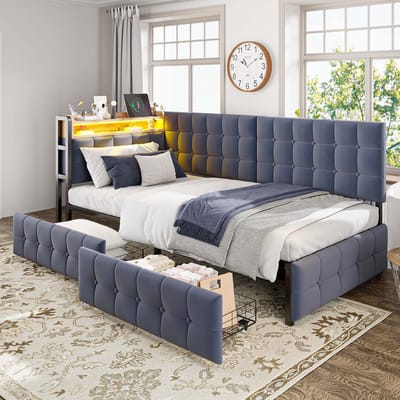 Multifunctioneel Kinderbootbed, Slaapbank Eenpersoonsbed Gestoffeerde Slaapbank 90x200 cm, Gestoffeerd Bed met 2 lades en LED-bedlamp, USB en Type-C poort, Donkergrijs