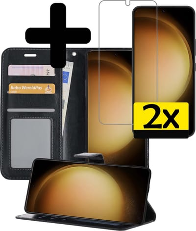 Hoesje - Met 2x Screenprotector - Geschikt voor Samsung Galaxy S23 - Luxe Pasjeshouder - Bookcase Portemonee - Flip Case - Kunstleer Book Case - Flipcase Hoes - Book Cover - Walletcase - Portemonneehoes - Telefoonhoesjes - Zwart