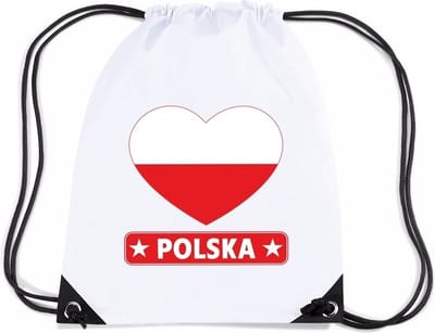 Polen thema sporttas - nylon rijgkoord rugzak - wit met hartjes vlag print - supporters - 11 liter - 45 x 34 cm