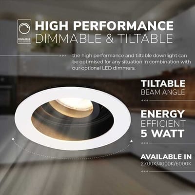 HOFTRONIC Laredo LED inbouwspot - GU10 - 4 Watt 345 lumen - 2700K Warm wit - Dimbaar - verzonken - Rond - Kantelbaar - IP20 Voor binnen - Wit