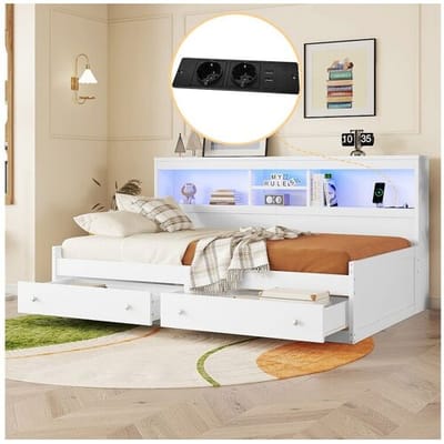 Merax Bed van 90 x 200 cm met 2 laden, opbergplanken en 2 USB-aansluitingen - Spaanplaat - LED's - Wit (zonder matras)