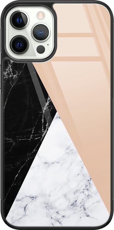 Hoesje geschikt voor iPhone 12 Pro - Marmer zwart bruin - Luxe Glazen Hardcase - Marmer - Zwart, Bruin - Leuke Telefoonhoesjes