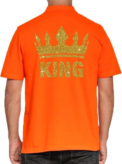 Bellatio Decorations King poloshirt heren - oranje - gouden glitters - 100% katoen - 180 grams S