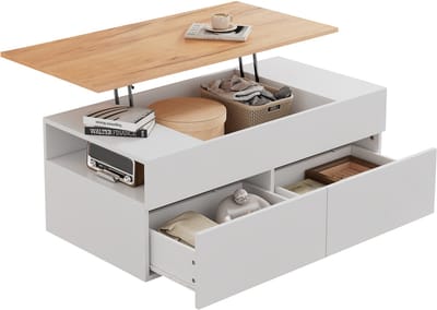 MODFU Salontafel 100x50x40 cm van spanplaat wit en hout, verstelbaar blad met opbergruimte en 2 lades