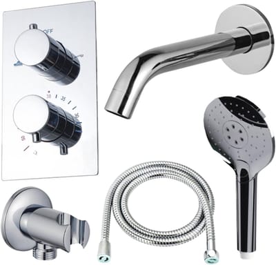 FugaFlow Eccelente Acces Badkraan set - uitloop - 22cm inkortbaar - metalen slang - ronde handdouche - inbouwdeel - wandhouder - chroom