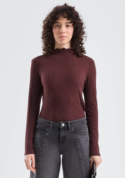 Aansluitend Lange Mouwen T-shirt met Geperforeerd Motief en Col Hoog Dames QS
