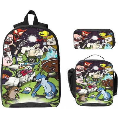 3 Stuks Mordecai En De Rigbys Schooltassen Set voor Kinderen Etui Rugzak Sets met Lunchbox Voor School Leerlingen Daypack