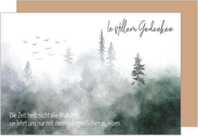 Premium rouwkaart met bos, mist en vogel - Met envelop - Zonder tekst binnenin - 17 x 11,5 cm - Dubbele vouwkaart