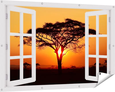 Gards Tuinposter Doorkijk Zonsondergang Achter een Savanne Boom - 150x100 cm - Tuindoek - Tuindecoratie - Wanddecoratie buiten - Tuinschilderij
