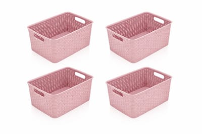Opbergmanden 10L Roze – Set van 4 Kunststof Mandjes Riet – Opbergbox en Opbergdoos – Kast Organizer – Opbergmand Kinderkamer – 33x22x15,5 cm