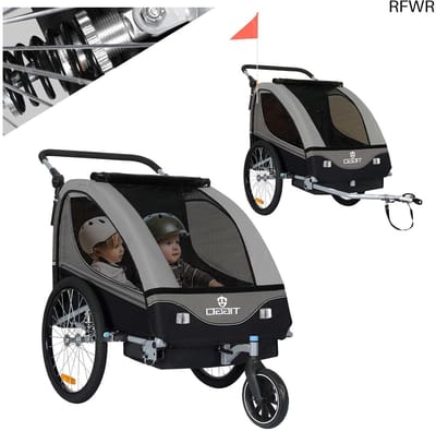 RFWR® 2-in-1 Kinderaanhanger en Kinderwagen met Vering - Draaibaar voor 1 of 2 Kinderen, Grijs