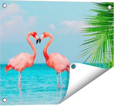 Gards Tuinposter Twee Flamingo's in een Hart Vorm in het Water - 50x40 cm - Tuindoek - Tuindecoratie - Wanddecoratie buiten - Tuinschilderij
