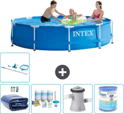 Intex Rond Frame Zwembad - 305 x 76 cm - Blauw - Inclusief Solarzeil - Onderhoudspakket - Zwembadfilterpomp - Filter - Schoonmaakset - 6-delig