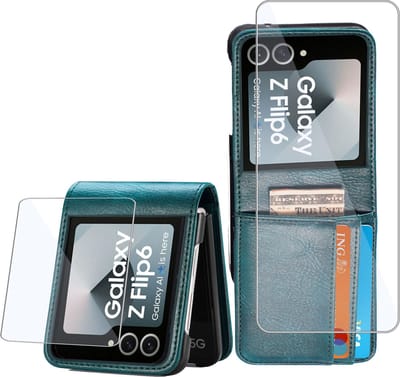 Book Case Hoesje Samsung Galaxy Z Flip 6 / Flip 7 FE - Hoesje + Screenprotector – Beschermglas Folie - Flip Hoes Cover - Portemonnee Turquoise