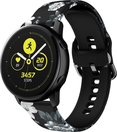 Strap-it Smartwatch bandje 20mm - siliconen bandje grijze bloemen print geschikt voor Samsung Watch 3 41mm / Watch 42mm / Galaxy Watch Active (2) / Galaxy Watch 4 (Classic) / Watch FE / Watch 5 (Pro) / Watch 6 (Classic) / Watch 7 (40 & 44mm)