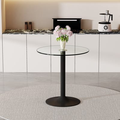 Moderne, minimalistische ronde bartafel van gehard glas: met een diameter van 89 cm en een hoogte van 92 cm is dit de ideale keuze om een ietwat luxueuze sfeer te creëren.