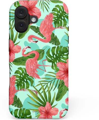 Casetastic hoesje geschikt voor Apple iPhone 16 - MagSafe - Dubbellaagse bescherming - Flamingo jungle - Fashion Case - Mintgroen Koraal