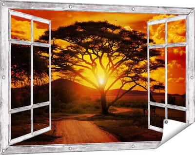 Gards Tuinposter Doorkijk Zonsondergang Achter een Savanne Boom - 120x80 cm - Tuindoek - Tuindecoratie - Wanddecoratie buiten - Tuinschilderij