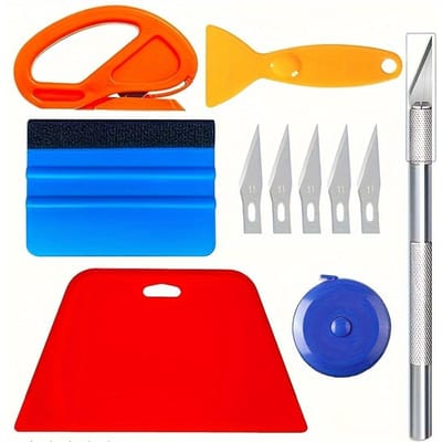 11pcs (1 grattoir trapézoïdal rouge + 1 grattoir à poils courts + 1 couteau courbé + 1 mètre ruban + 1 spatule jaune + 1 couteau à découper + 5 lames) 11pcs / Set