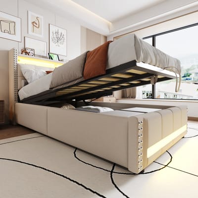 MODENUIT Gestoffeerd Kinderbed 90x200 cm – Hoofdbord met opbergvakken en USB – Hydraulische opbergruimte – Zonder matras – Beige