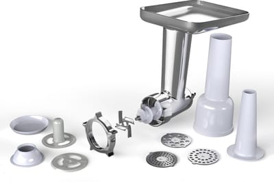 Klarstein Chiara vleesmolenaccessoire voor keukenmachine – Veelzijdige vleesmolen, roestvrij staal, 4 messen, 3 snijplaten, maakt het maken van worst eenvoudig, compatibel met de Chiara keukenmachine