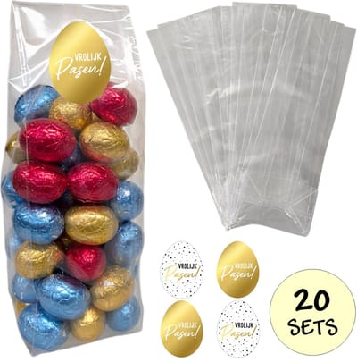 20x Uitdeelzakjes Met Sluitstickers - 20 Stickers & 20 Zakjes - Blokbodemzakjes - Cellofaanzakjes - Stickers - Traktatie Zakjes - 20 Sets - Vrolijk Pasen!