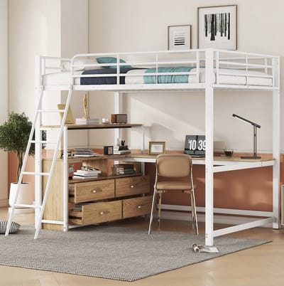 MEUNIQ hoogslaper 140 x 200 cm met bureau, opbergruimte en laddersysteem, metalen frame en MDF, wit