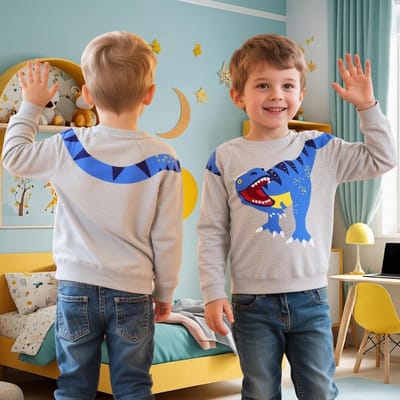 Comfortabel jongens sweatshirt met ronde hals, dino en graafmachine patroon, warm longsleeve pullover voor herfst en winter, geschikt voor kinderen van 2-7 jaar
