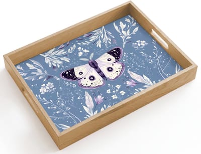 Dienblad hout 40x30 cm - Schootdienblad - Vlinder - Bloemtakken - Lichtblauw - Borrelplank rechthoek - Plateau dienbladen