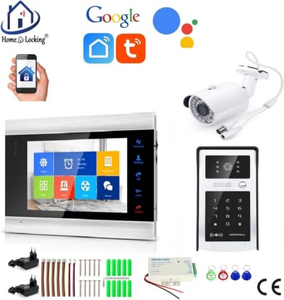 WIFI videofoon/intercom met 1 deurbel camera + 1 binnen paneel/scherm + camera en kan werken met spraak gestuurde apps. T-2103VC