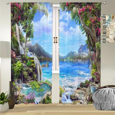 2 Stuks Droomland Gordijnen Waterval Meer Berg Print Woonkamer Slaapkamer Decor Gordijnen Natuurlandschap Zonwerende Gordijnen 29.5W65H(inch)x2Pcs&Rod Pocket white