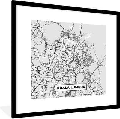 Fotolijst incl. Poster Zwart Wit- Kaart - Kuala Lumpur - Stadskaart - Plattegrond - Zwart Wit - 40x40 cm - Posterlijst