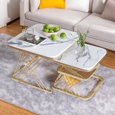 2-delige set moderne vierkante salontafels met plank, bijzettafels met stevige metalen standaard, modern meubilair voor de woonkamer, wit blad en gouden frame