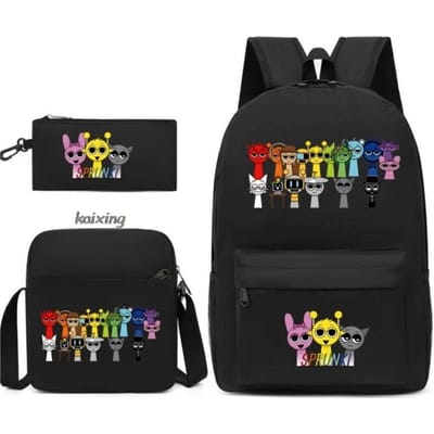 3-delige Nieuwe Sprunki Anime Print Rugzak Set, Met Draagtas en Etui, Grote Capaciteit Lichtgewicht En Ademend Outdoor Rugzak 16 inch