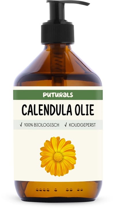 Puturals Calendula Olie 100% Biologisch - 500ml - Puur en Koudgeperst - Calendula Olie als Huidolie, Baby Olie of Massage Olie - Rijk aan Antioxidanten en Vitamines - Geinfused in Amandelolie - Bruine Glazen Fles + Pomp