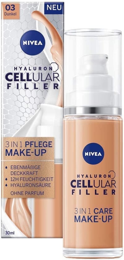 NIVEA Hyaluron Cellular Filler 3-in-1 verzorgende make-up #03 Donker (30 ml), hydraterende foundation met hyaluron, gezichtsmake-up