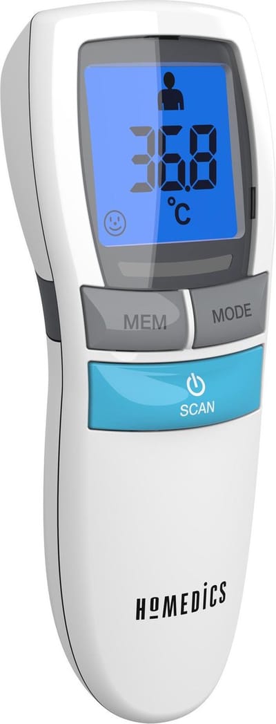 HoMedics TE200 Contactloze Thermometer - Koortsthermometer Infrarood Lichaam - 30 Geheugens - LCD scherm - Nachtmodus - Wit