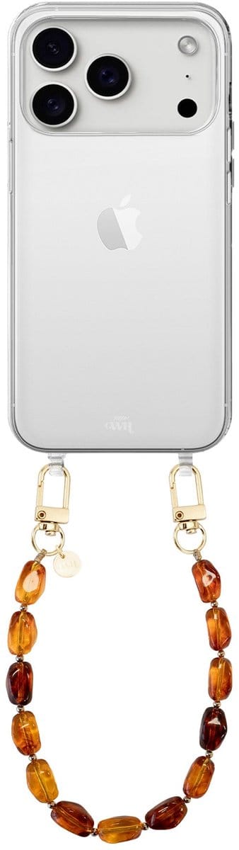 xoxo Wildhearts telefoonhoesje geschikt voor iPhone 17 Pro - Honey Flame (kort koord) - siliconen hoesje met koord - Backcover met telefoonkoord - Telefoonhanger stenen ketting - Bruin / Oranje