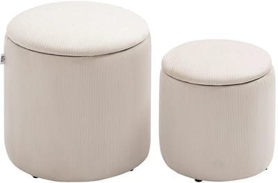 Allero Poef met Opbergruimte - Poef - Hocker met Opbergruimte - Rond - Twee Stuks - Geribbeld Fluweel - 30cm - 40cm - Crème