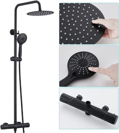 Thuys – Mat Zwarte Regendouche Set – 3 Functies – 25cm Ronde Hoofddouche – Handdouche – Douchestang – Douchemengkraan