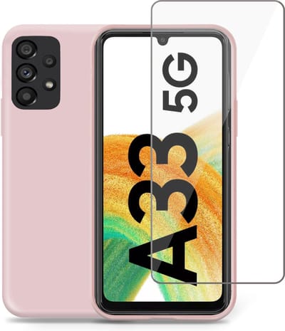 Geschikt voor Samsung A33 5G Hoesje + Screenprotector – Gehard Glas Cover - Suède Case Rose