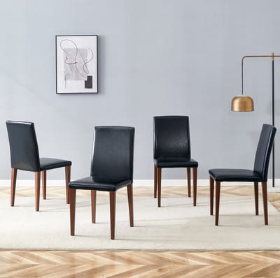 DESMIU Eetkamerstoel Set van 4 - Zwart Kunstleer Met Walnootlook Metalen Poten - Voor Eetkamer En Woonkamer - Zwart Walnoot