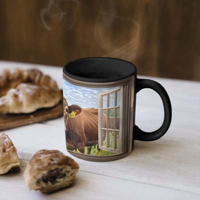 Magische Mok - Foto op Warmte Mokken - Koffiemok - Doorkijk - Koe - Weiland - Landschap - Dieren - Magic Mok - Beker - 350 ML - Theemok