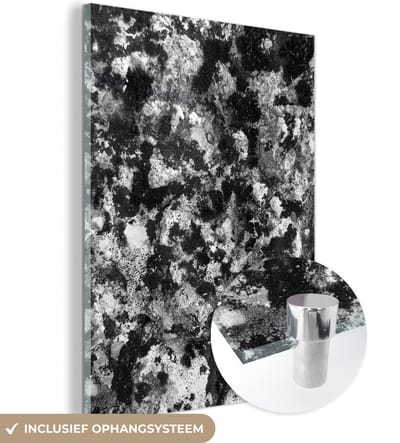 Glasschilderij zwart wit - Zwart - Wit - Steen - Graniet - 120x160 cm - Foto op glas - Slaapkamer decoratie