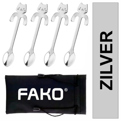 Fako Bijoux - Theelepels - Koffie Lepeltjes - Hangende Kat - Kattenlepels - Poezenlepels - 4 Stuks - Zilver