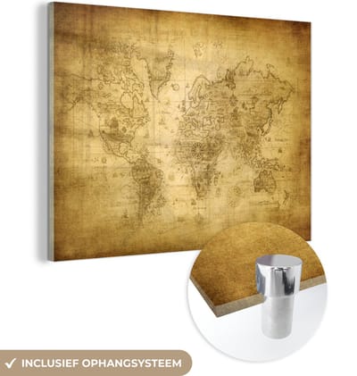 ® Glasschilderij 120x90 cm - Schilderij acrylglas - Wereldkaart - Retro - Papyrus - Foto op glas - Muurdecoratie woonkamer - Wanddecoratie slaapkamer - Schilderijen