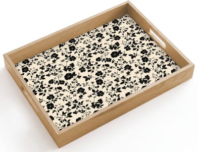 Dienblad hout 40x30 cm - Schootdienblad - Bloemen - Dessin - Zwart - Borrelplank rechthoek - Plateau dienbladen