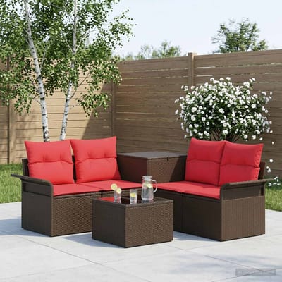 vidaXL - Bankstel - 6 - st - 4-zits - Bruin - en - Rood - Poly - Rattan - en - Staal
