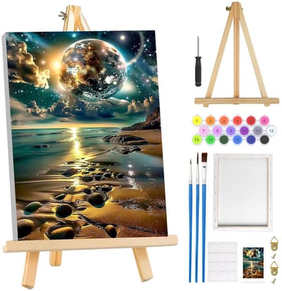 Dailygoods- Schilderen op Nummer - Sterrenhemel met Lijst - DIY Kunst Kit - Houten Ezel - 3 Penselen - Creatieve Vrije Tijd Volwassenen - Doe-het-zelf Schilderij
