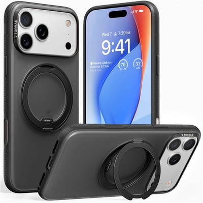 TORRAS O Fitness - Hoesje Geschikt voor Apple iPhone 17 Pro Max - Compatibel met MagSafe - 360° Draaibare Magnetische Standaard - Kickstand Back Cover - Militaire Bescherming - Zwart